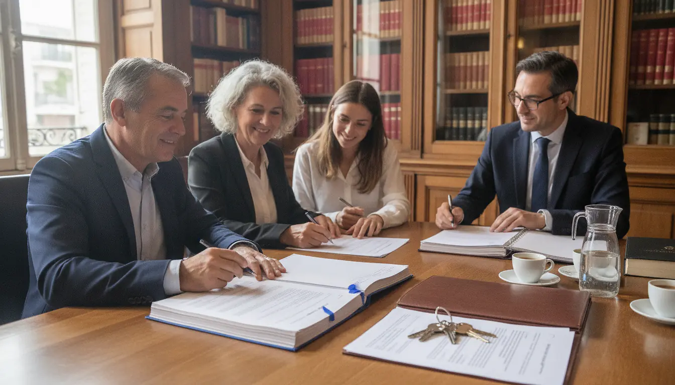 Couple de parents et leurs enfants adultes signant les statuts d'une SCI familiale chez un notaire, documents officiels et clés d'appartement sur la table