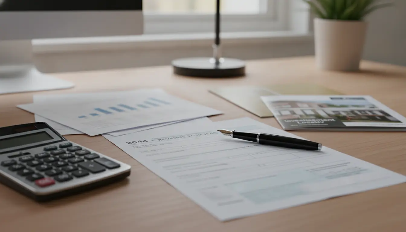 Formulaire fiscal 2044 avec calculatrice et documents de revenus fonciers sur bureau professionnel d'investisseur immobilier