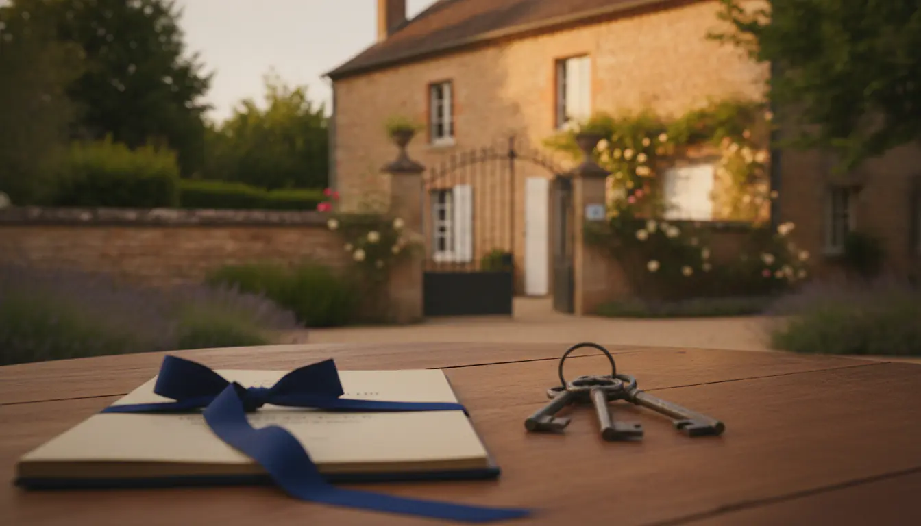 Maison familiale en pierre avec clés et dossier notarial noué de ruban bleu sur une table en bois