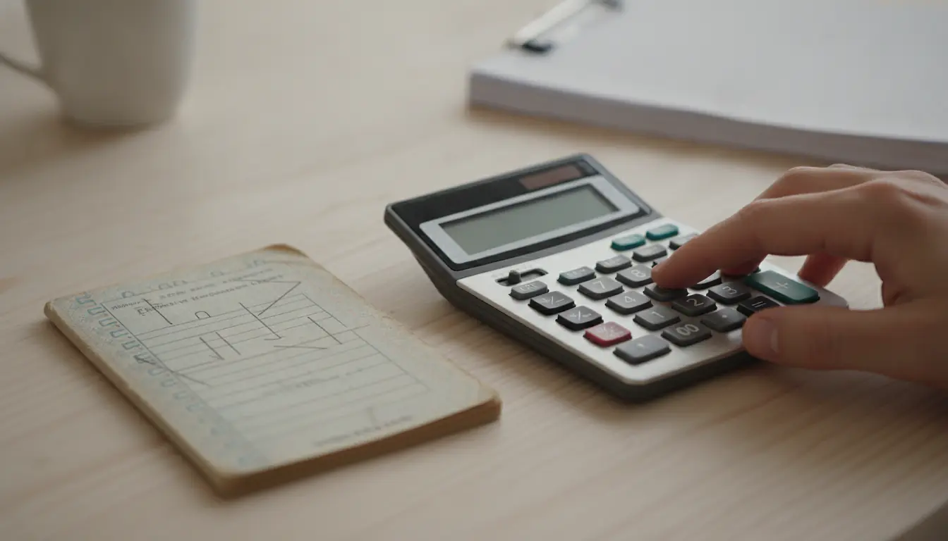 Carnet d'épargne et calculatrice sur un bureau en bois clair pour estimer des intérêts