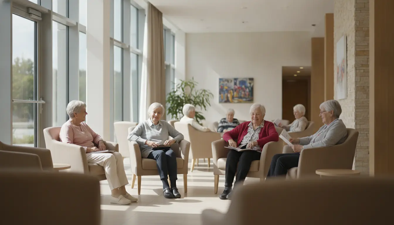 Résidence senior moderne avec espaces communs lumineux et fauteuils confortables, investissement immobilier LMNP
