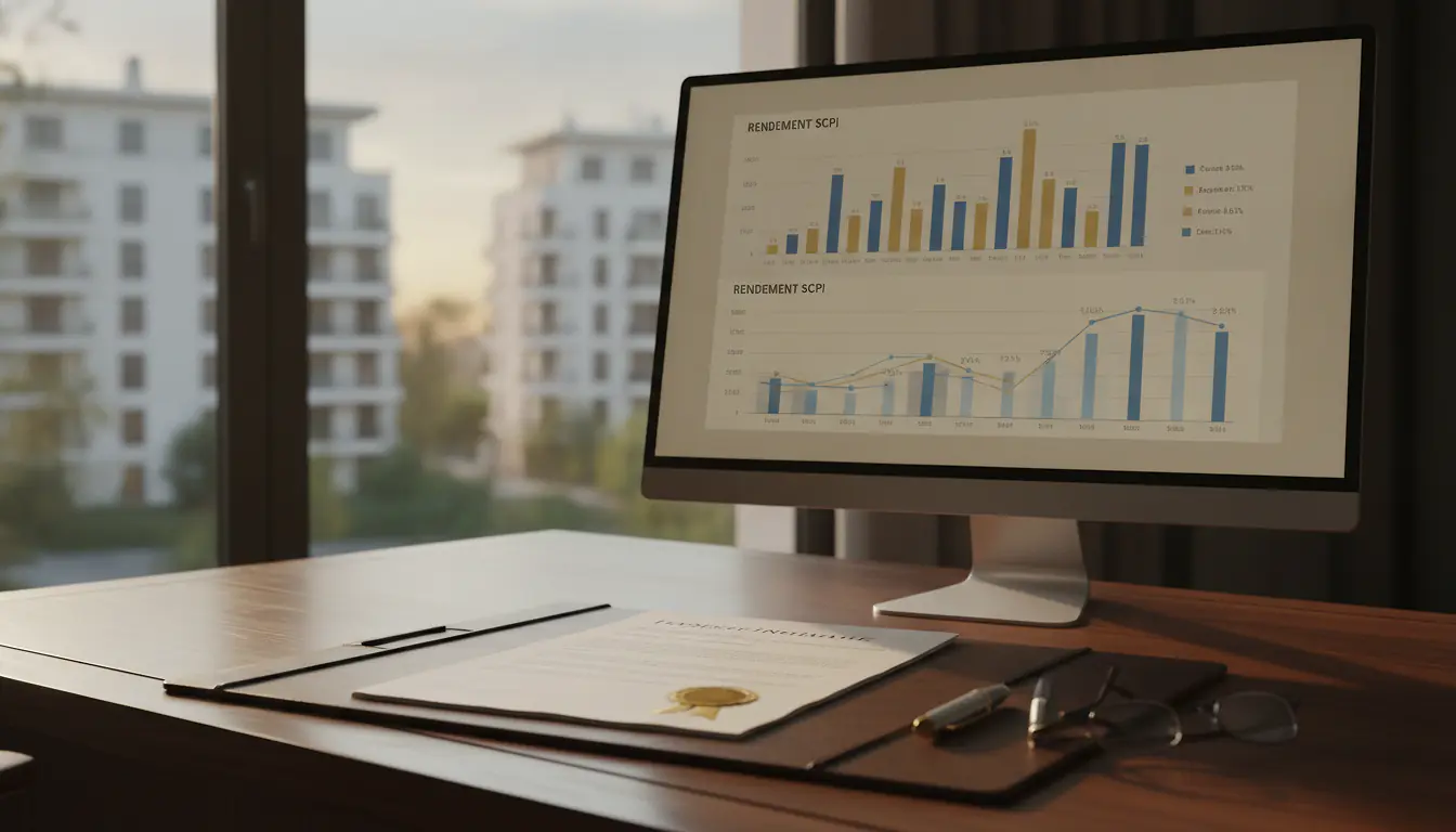 Bureau avec contrat assurance-vie et graphiques de rendement SCPI sur écran