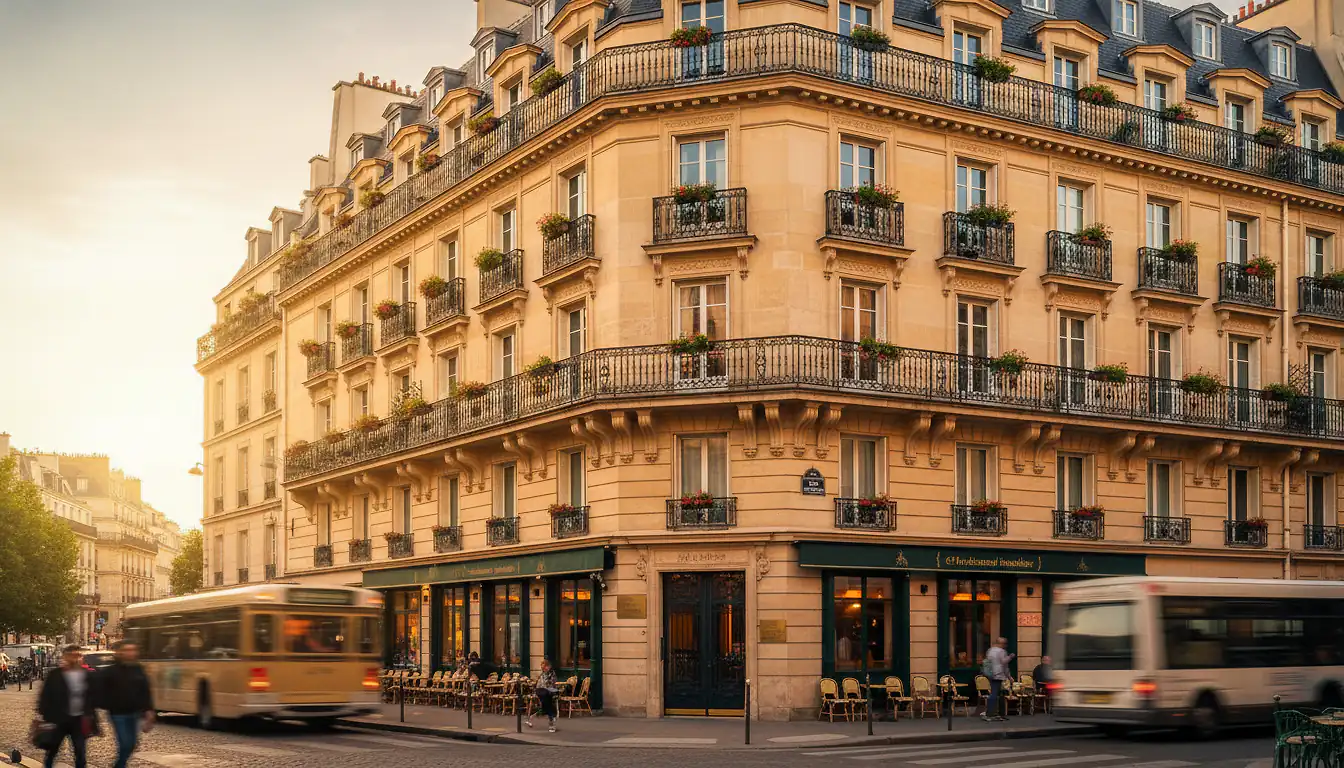 Immeuble haussmannien parisien, facade en pierre de taille, actif immobilier de SCPI, lumiere doree, photographie realiste